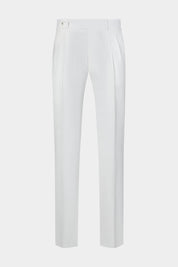 Vue sur fond blanc d'un pantalon double pinces en viscose et lin blanc 