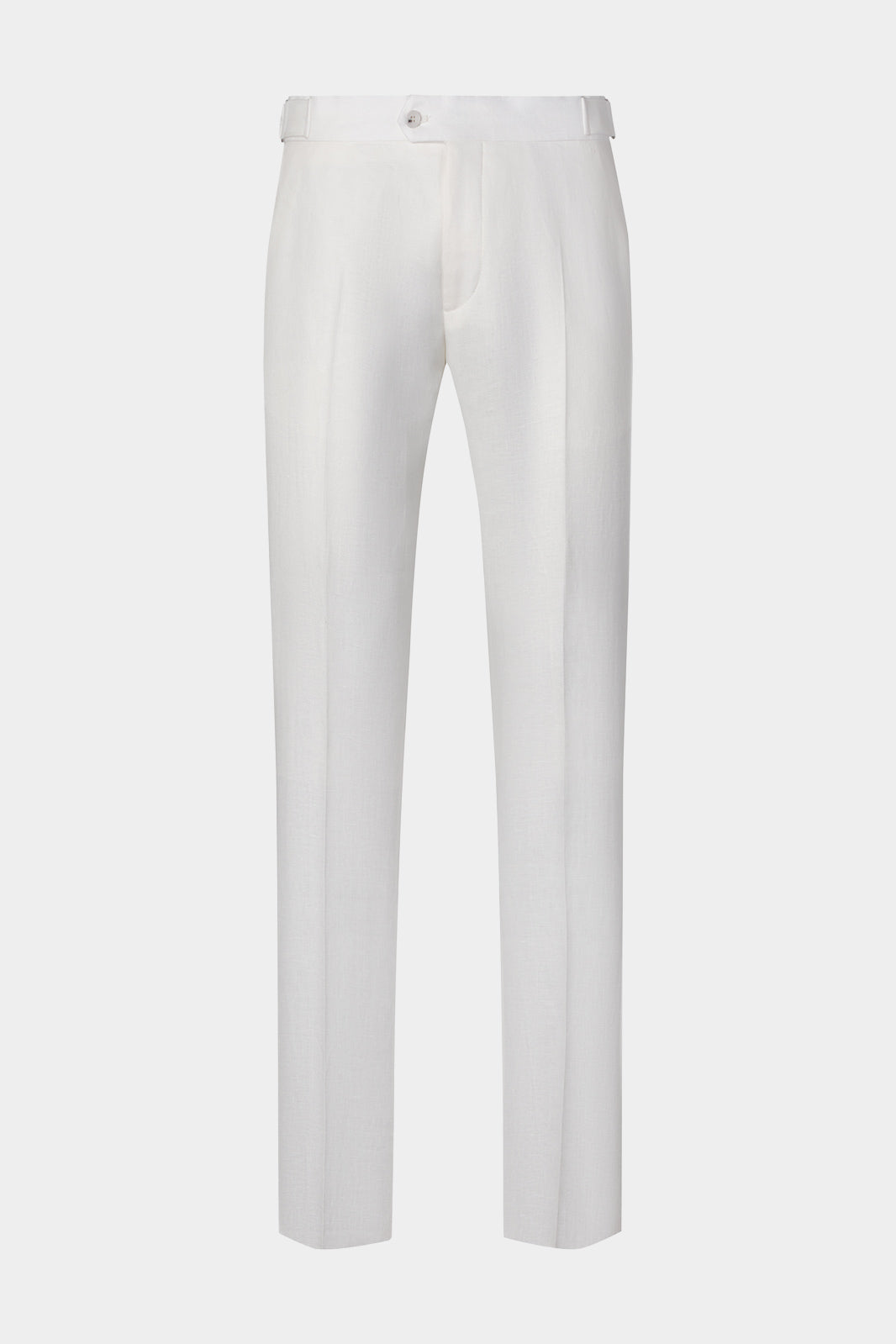 Vue sur fond blanc d'un pantalon en lin à patte de serrage couleur Blanc. Tissu 100% lin de chez LeoMaster.