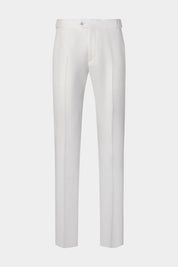 Vue sur fond blanc d'un pantalon en lin à patte de serrage couleur Blanc. Tissu 100% lin de chez LeoMaster.