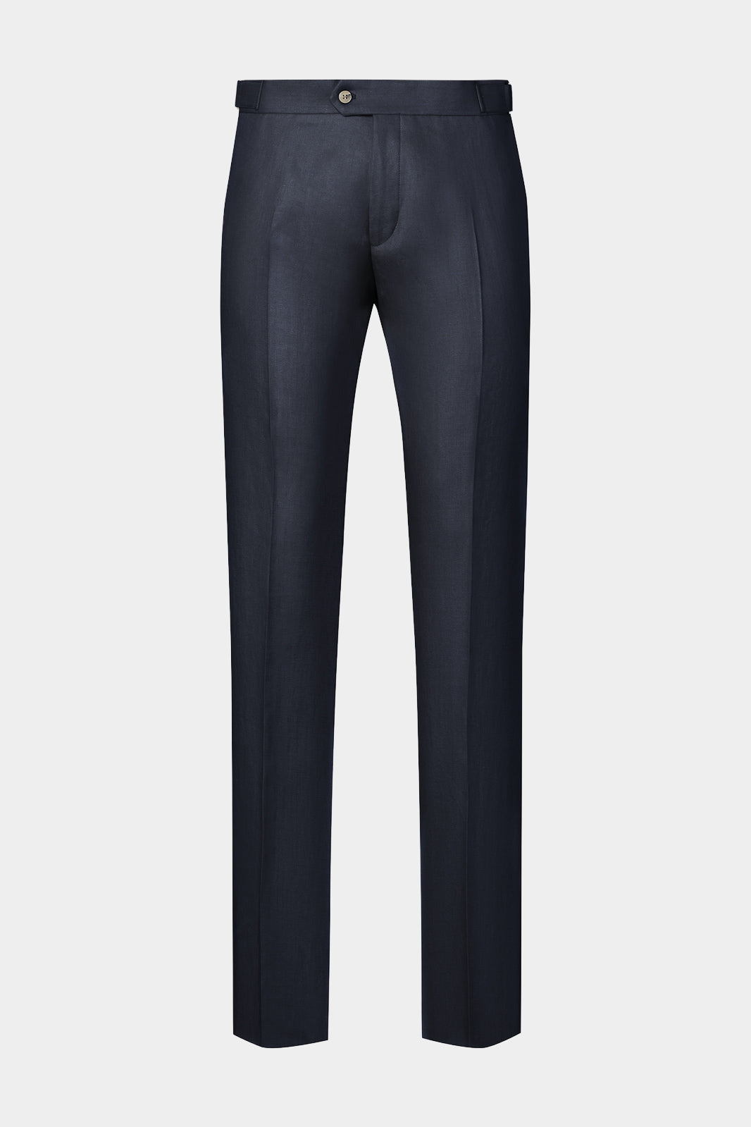 Vue sur fond blanc d'un pantalon en lin à patte de serrage couleur marine. Tissu 100% lin de chez LeoMaster.