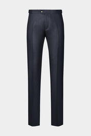Vue sur fond blanc d'un pantalon en lin à patte de serrage couleur marine. Tissu 100% lin de chez LeoMaster.
