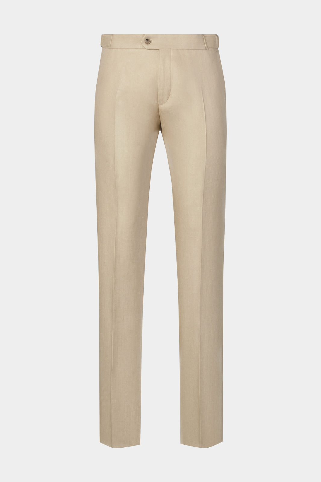 Vue sur fond blanc d'un pantalon en lin à patte de serrage couleur Beige. Tissu 100% lin de chez LeoMaster.