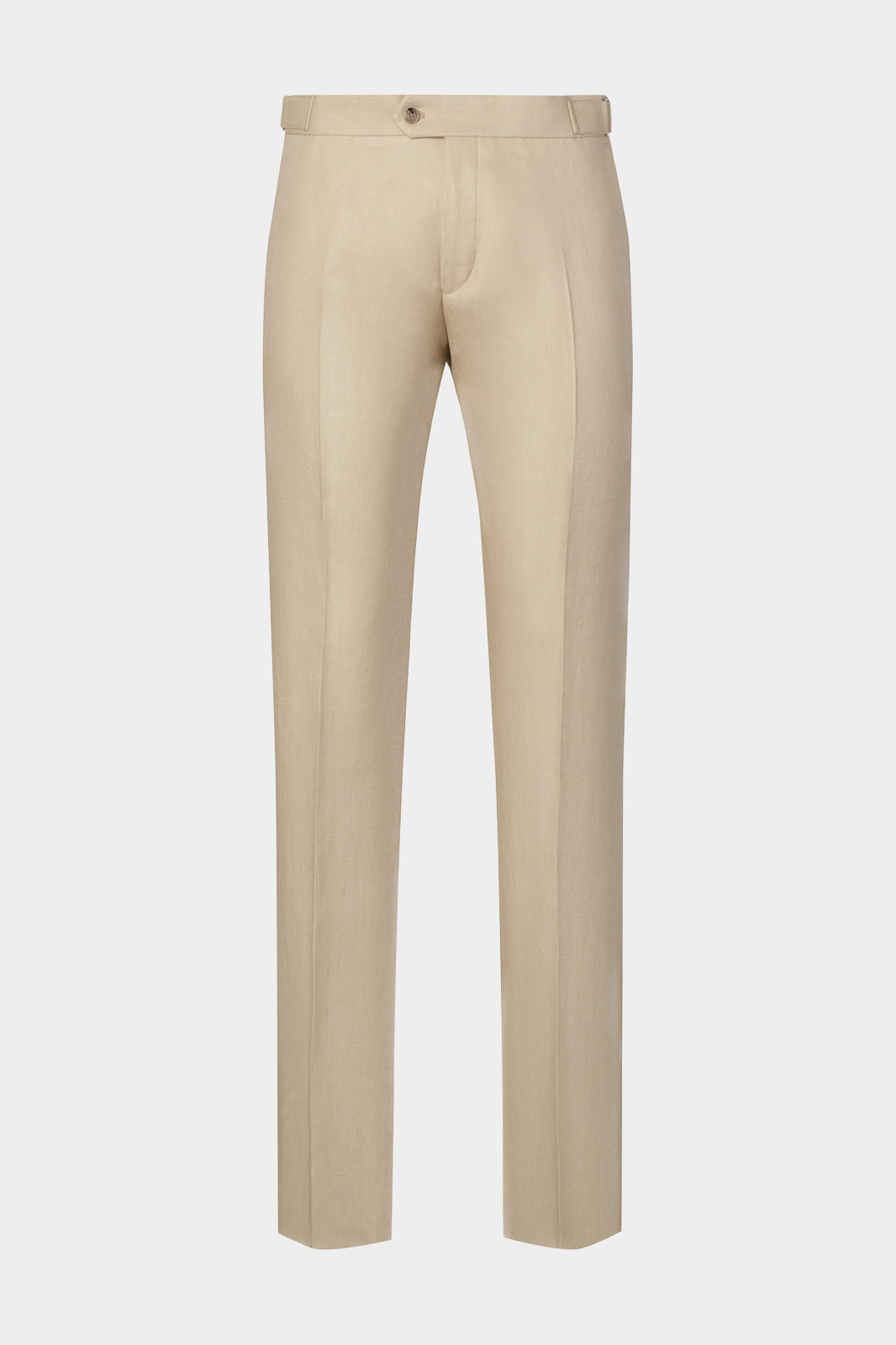 Vue sur fond blanc d'un pantalon en lin à patte de serrage couleur Beige. Tissu 100% lin de chez LeoMaster.