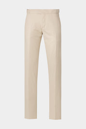 Vue sur fond blanc d'un pantalon à patte de serrage en coton beige sans pli sur le devant.