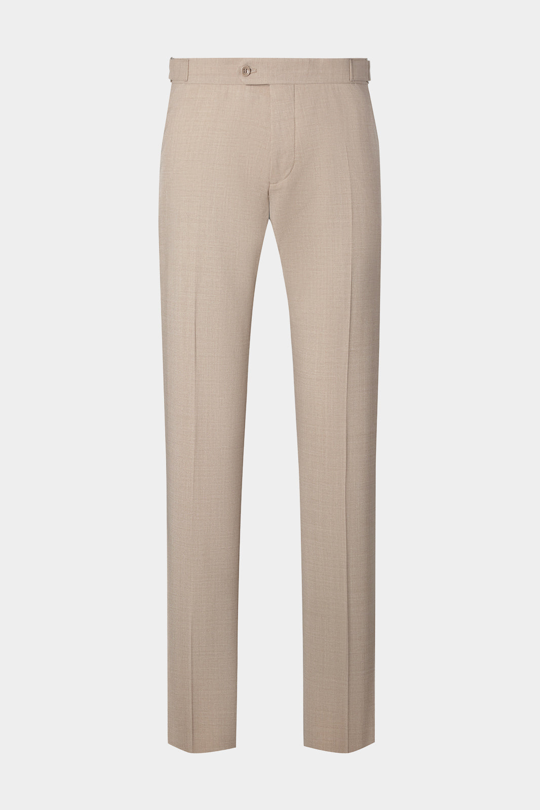Vue sur fond blanc d'un pantalon à patte de serrage en beige en lin stretch