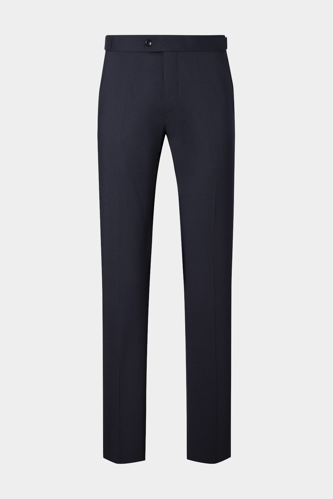 Vue sur fond blanc d'un pantalon à patte de serrage en lin marine