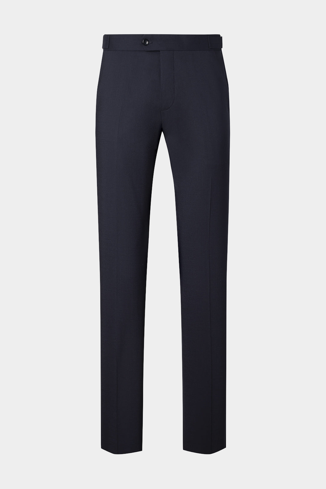 Vue sur fond blanc d'un pantalon à patte de serrage en lin marine