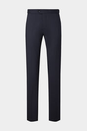 Vue sur fond blanc d'un pantalon à patte de serrage en lin marine