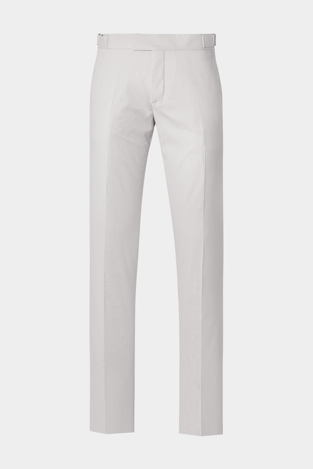 Vue sur fond blanc d'un pantalon à patte de serrage en coton gris clair.