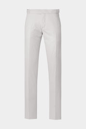 Vue sur fond blanc d'un pantalon à patte de serrage en coton gris clair.