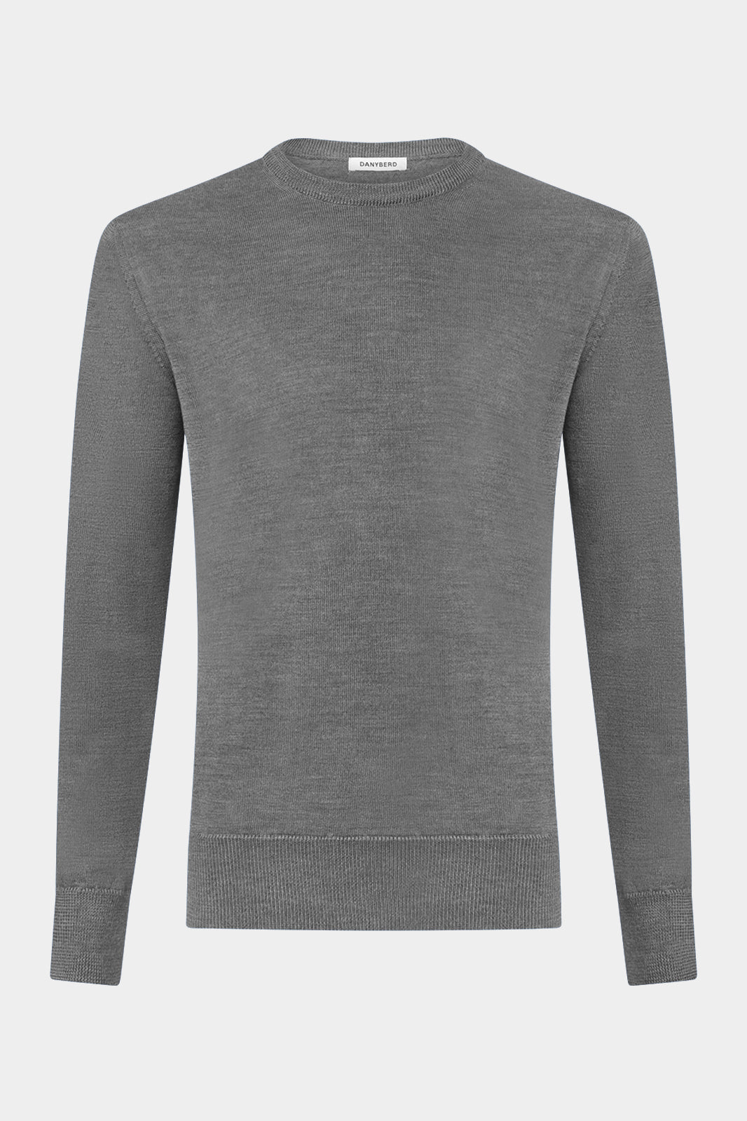 vue sur fond blanc un pull col rond laine mérinos italienne gris moyen avec bords côtes