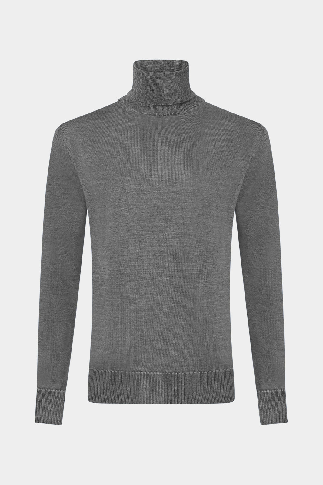 Vue de face sur fond blanc un pull col roulé gris moyen en laine mérinos avec bords côtes