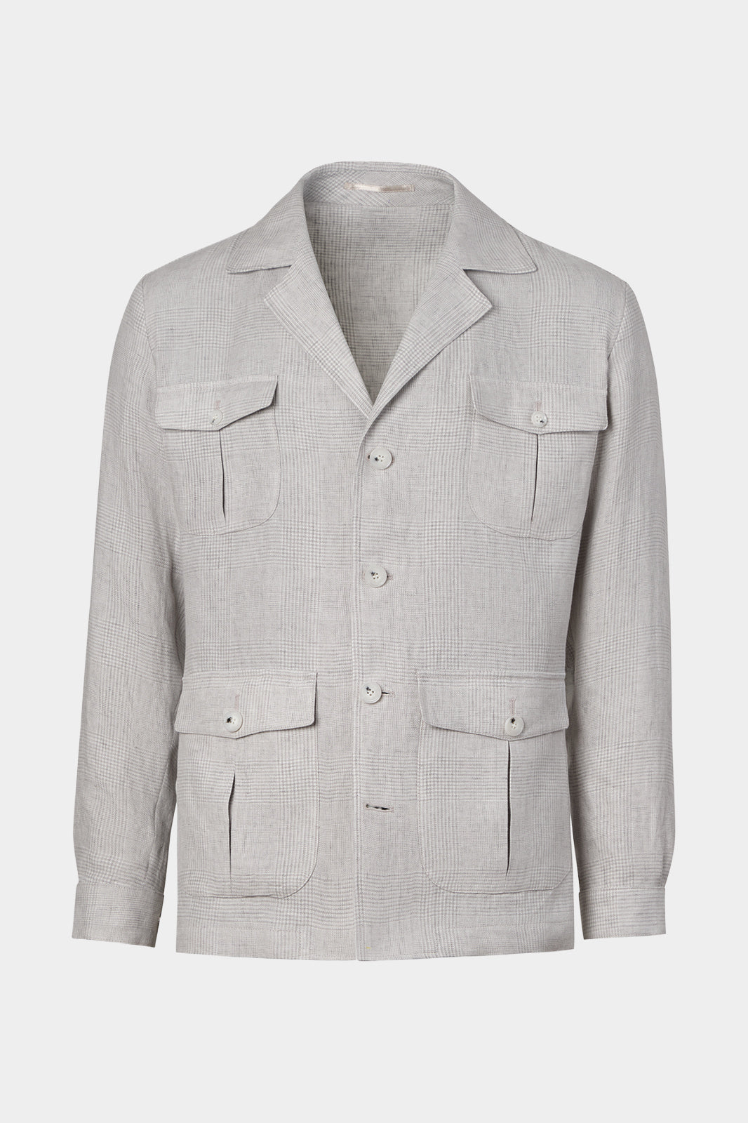 Vue sur fond blanc d'une veste saharienne à motif Prince de Galles gris en tissu 100% lin d'Italie de chez LeoMaster. Elle possède 4 poches à rabat, ainsi qu'une fermeture à boutons et poignets boutonnés.