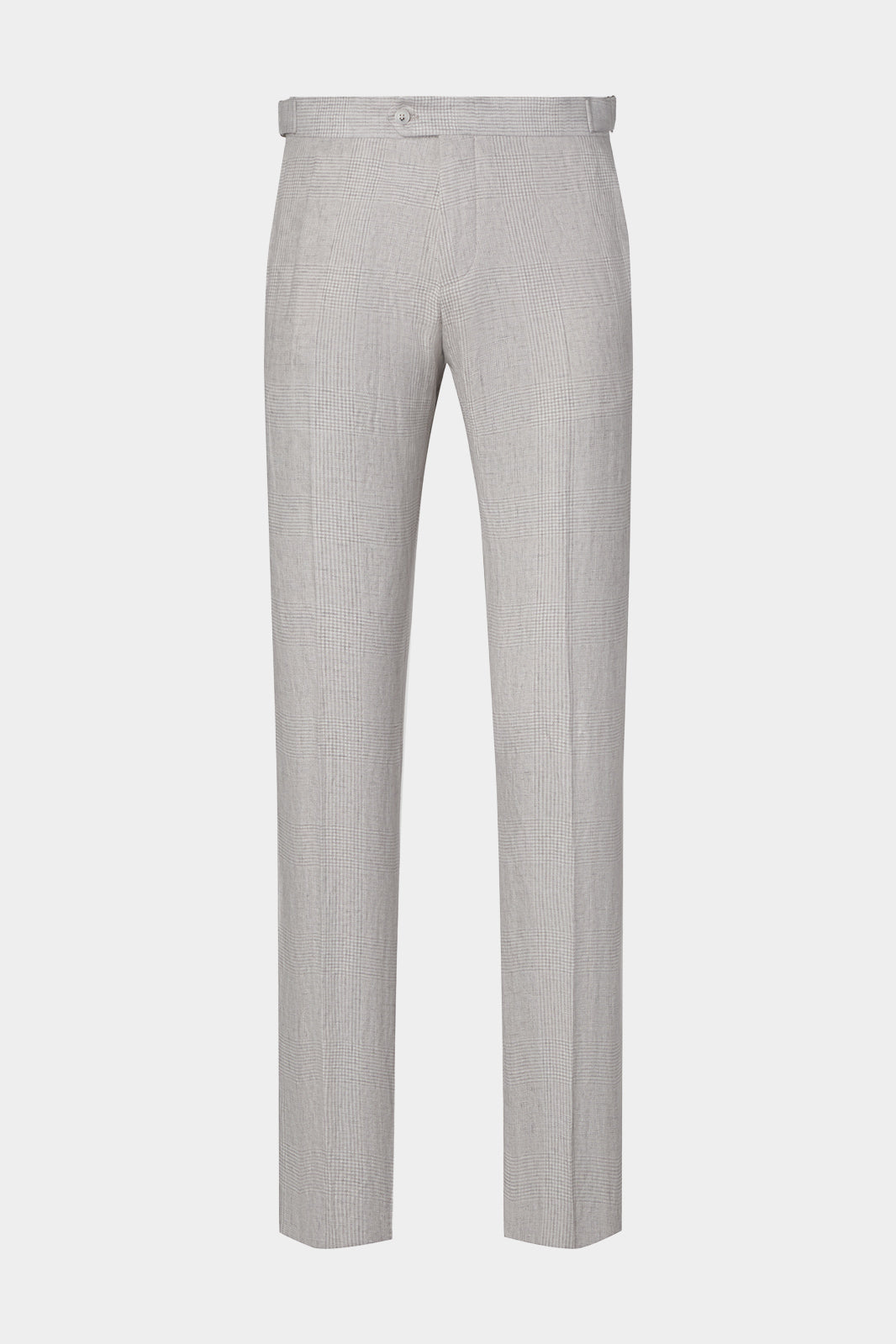 Vue sur fond blanc d'un pantalon en lin à patte de serrage motif Prince de Galles. Sur un tissu en 100% lin de chez LeoMaster.