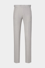 Vue sur fond blanc d'un pantalon en lin à patte de serrage motif Prince de Galles. Sur un tissu en 100% lin de chez LeoMaster.
