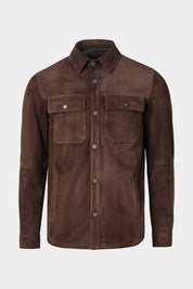 Vue sur fond blanc d'une surchemise marron en 100% cuir.