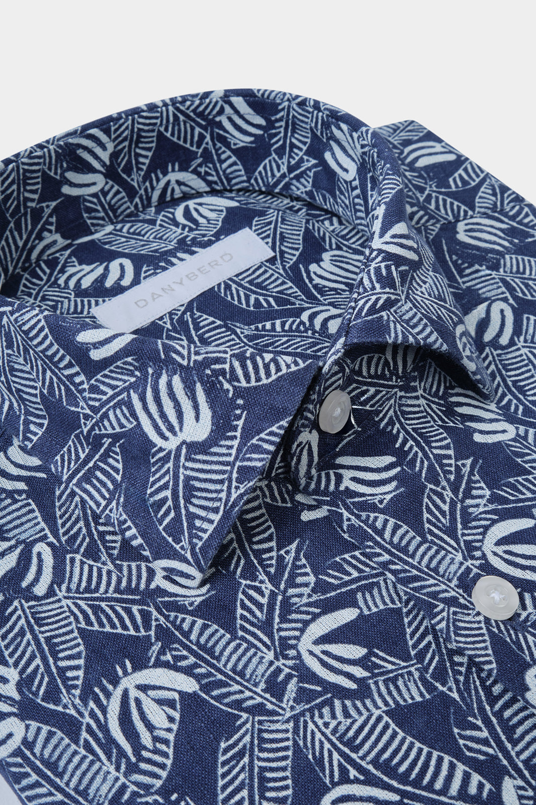Chemise en lin col français - Marine à motifs blancs