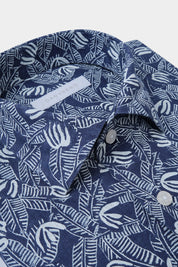 Chemise en lin col français - Marine à motifs blancs