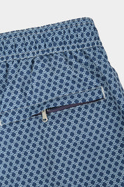 Navy swim shorts with wave pattern