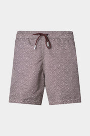 Vue sur fond blanc d'un short de bain à motif marron. Avec tissu à séchage rapide en 100% polyester.