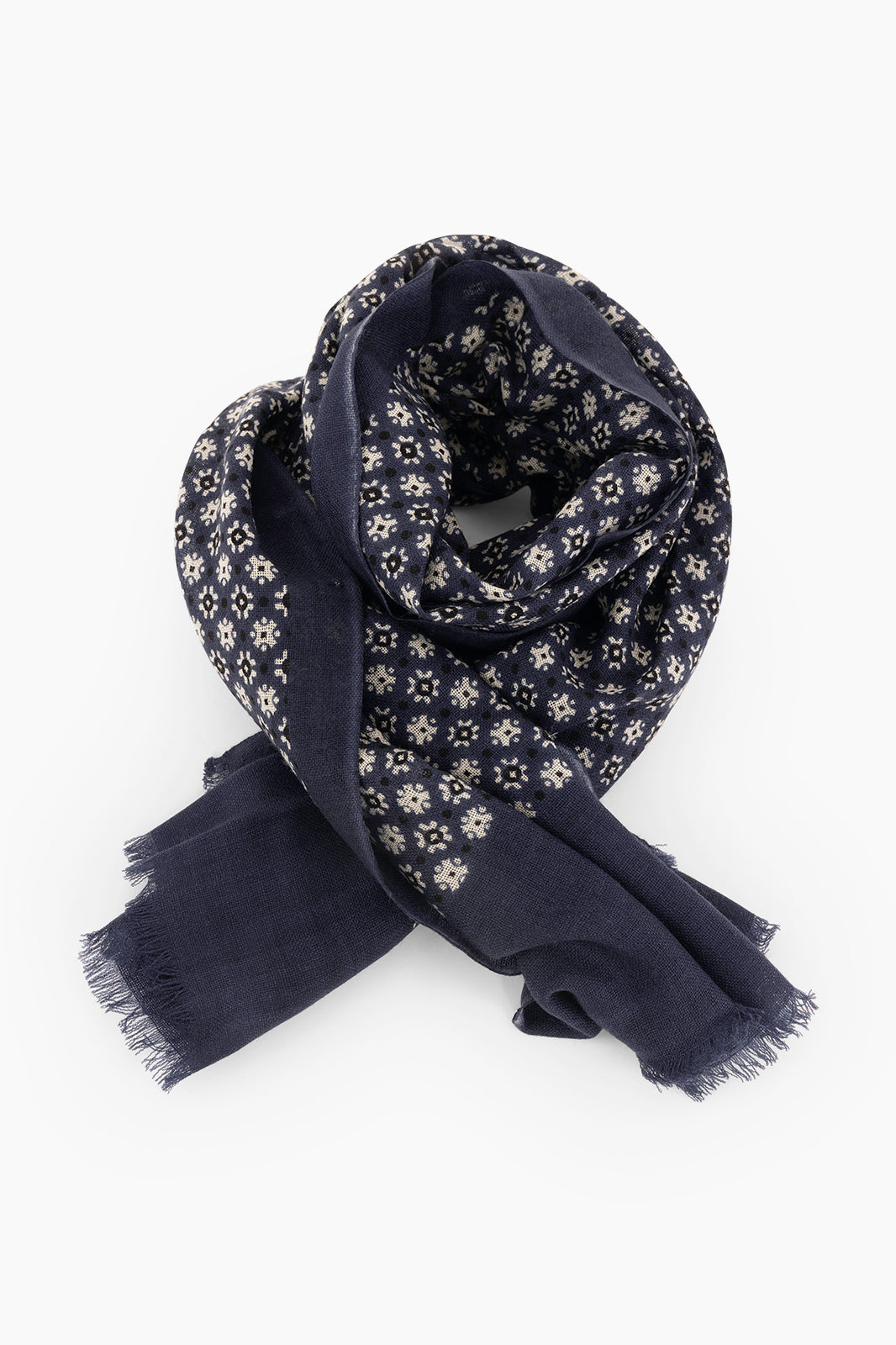 Chèche bleu marine imprimé floral en laine