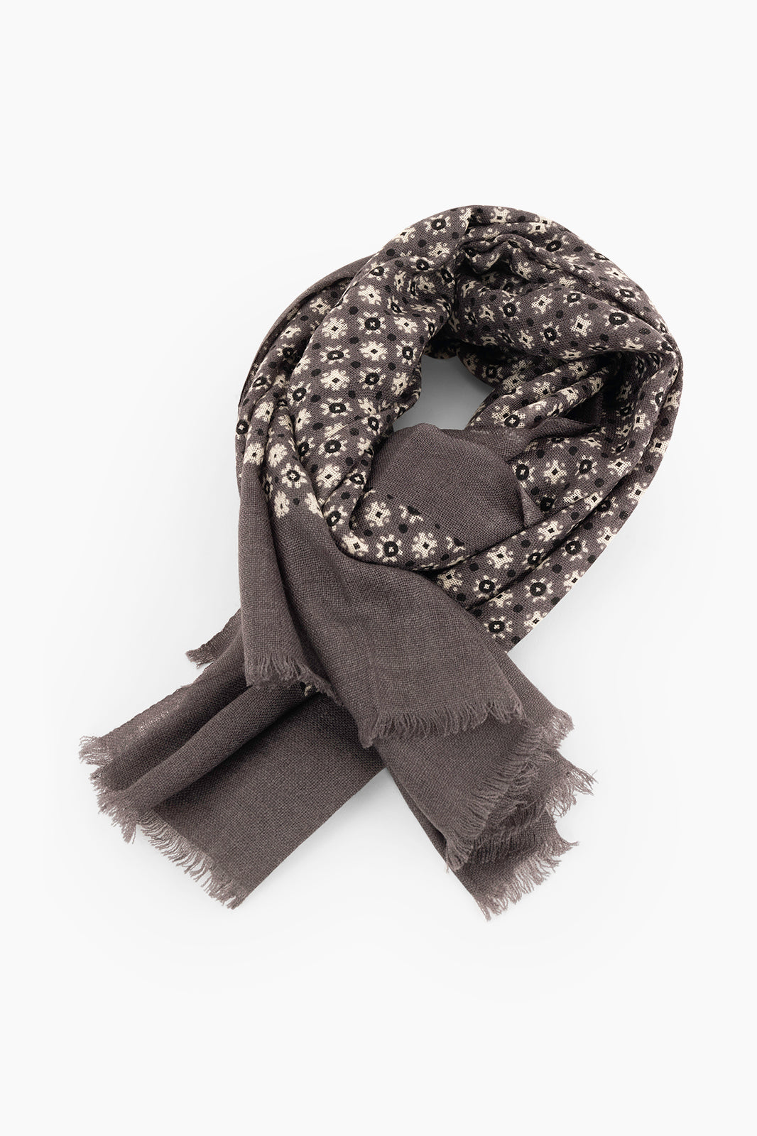 Chèche gris anthracite imprimé floral en laine