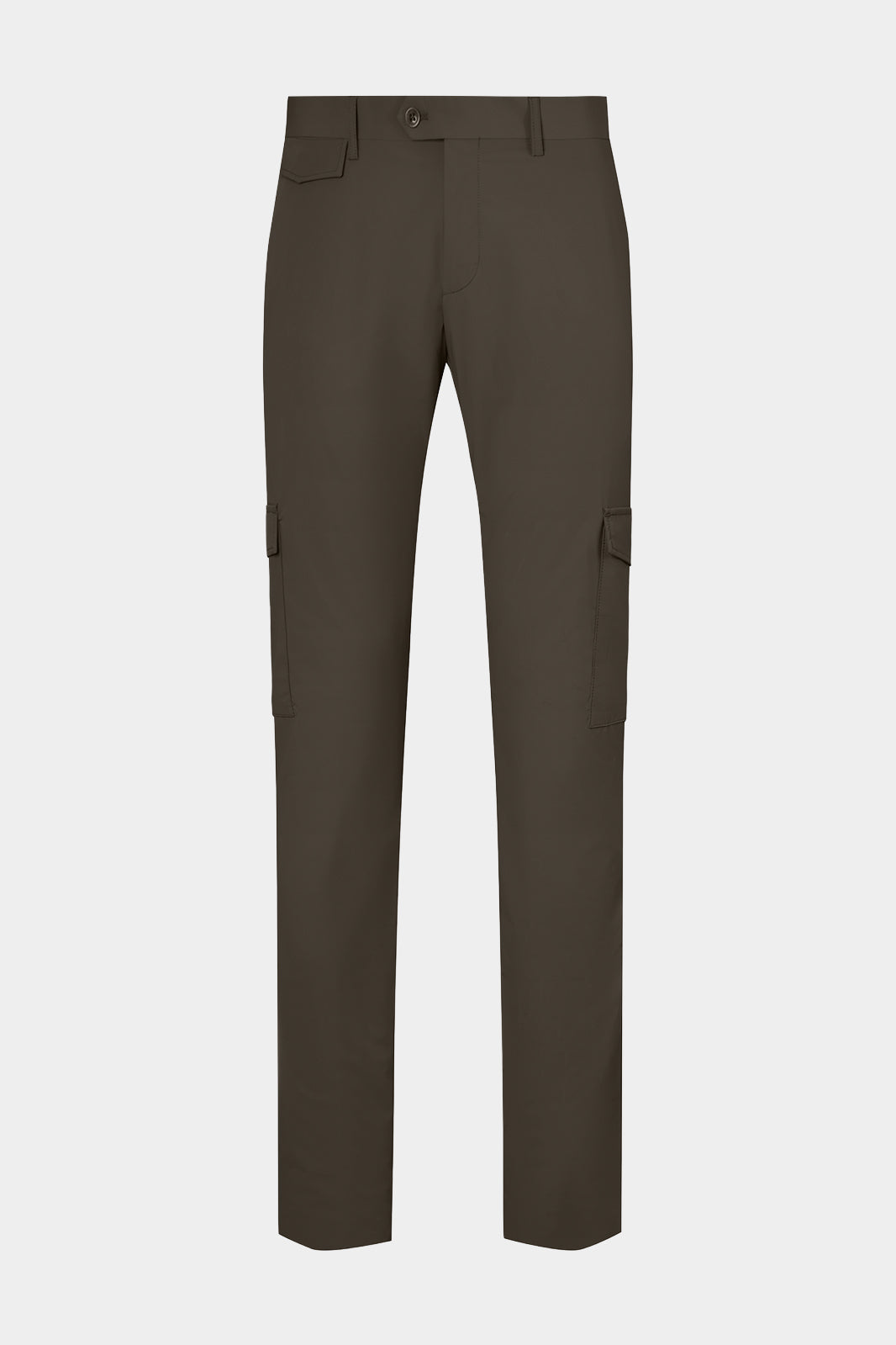 Vue sur fond blanc d'un pantalon cargo Donatela de couleur kaki. Sur un tissu italien en 77% polyamide 23% élasthanne de chez Olmetex.