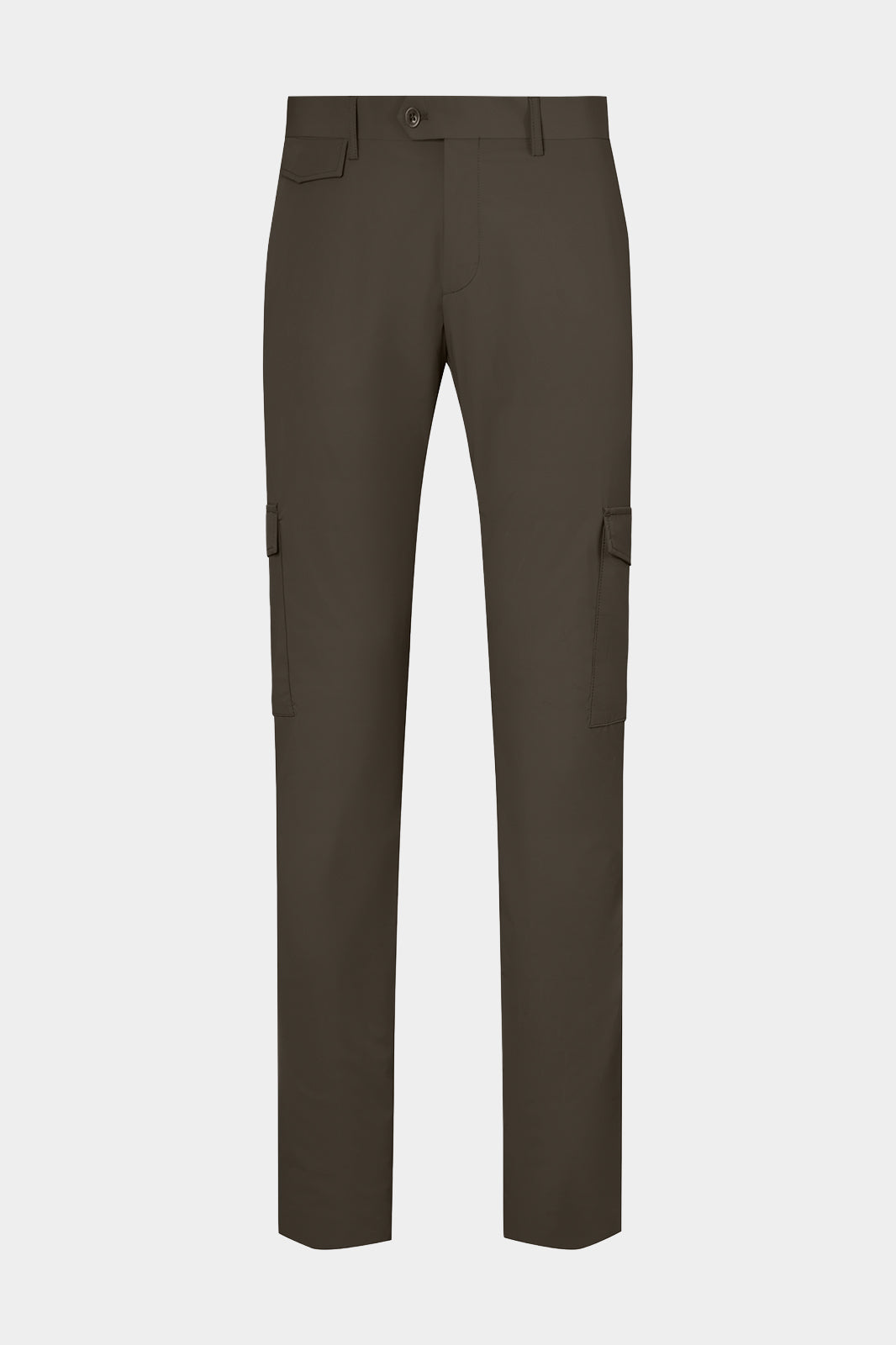 Vue sur fond blanc d'un pantalon cargo Donatela de couleur kaki. Sur un tissu italien en 77% polyamide 23% élasthanne de chez Olmetex.
