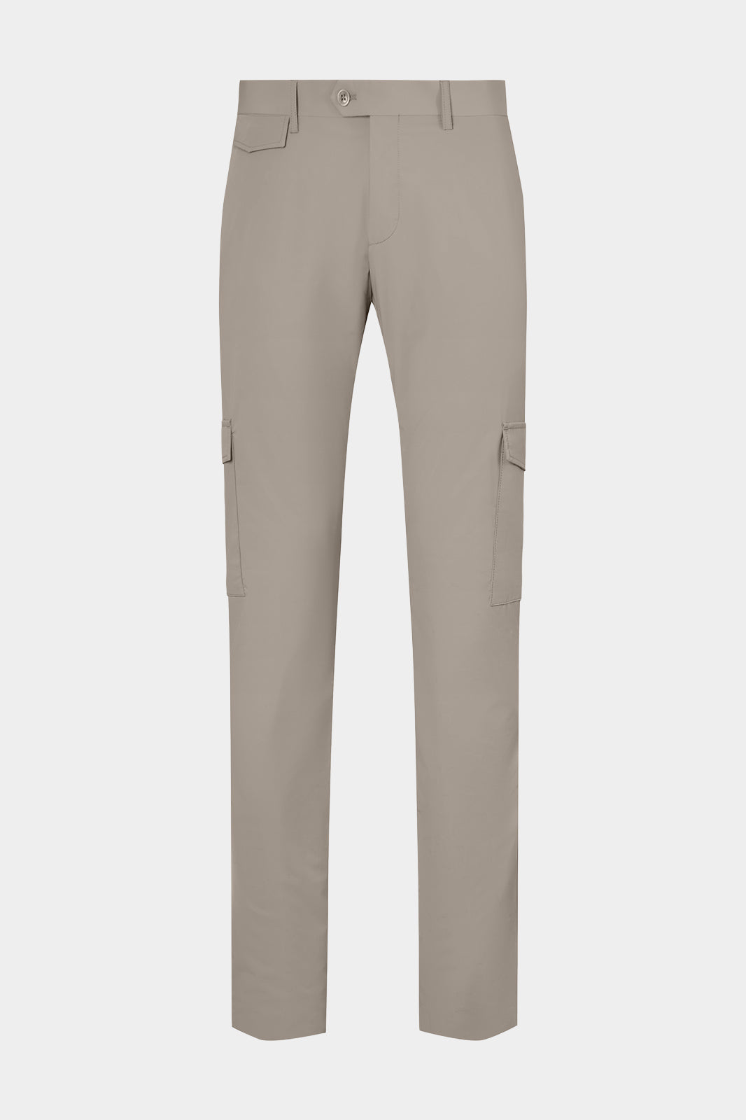 Vue sur fond blanc d'un pantalon cargo Donatela de couleur gris. Sur un tissu italien en 77% polyamide 23% élasthanne de chez Olmetex.