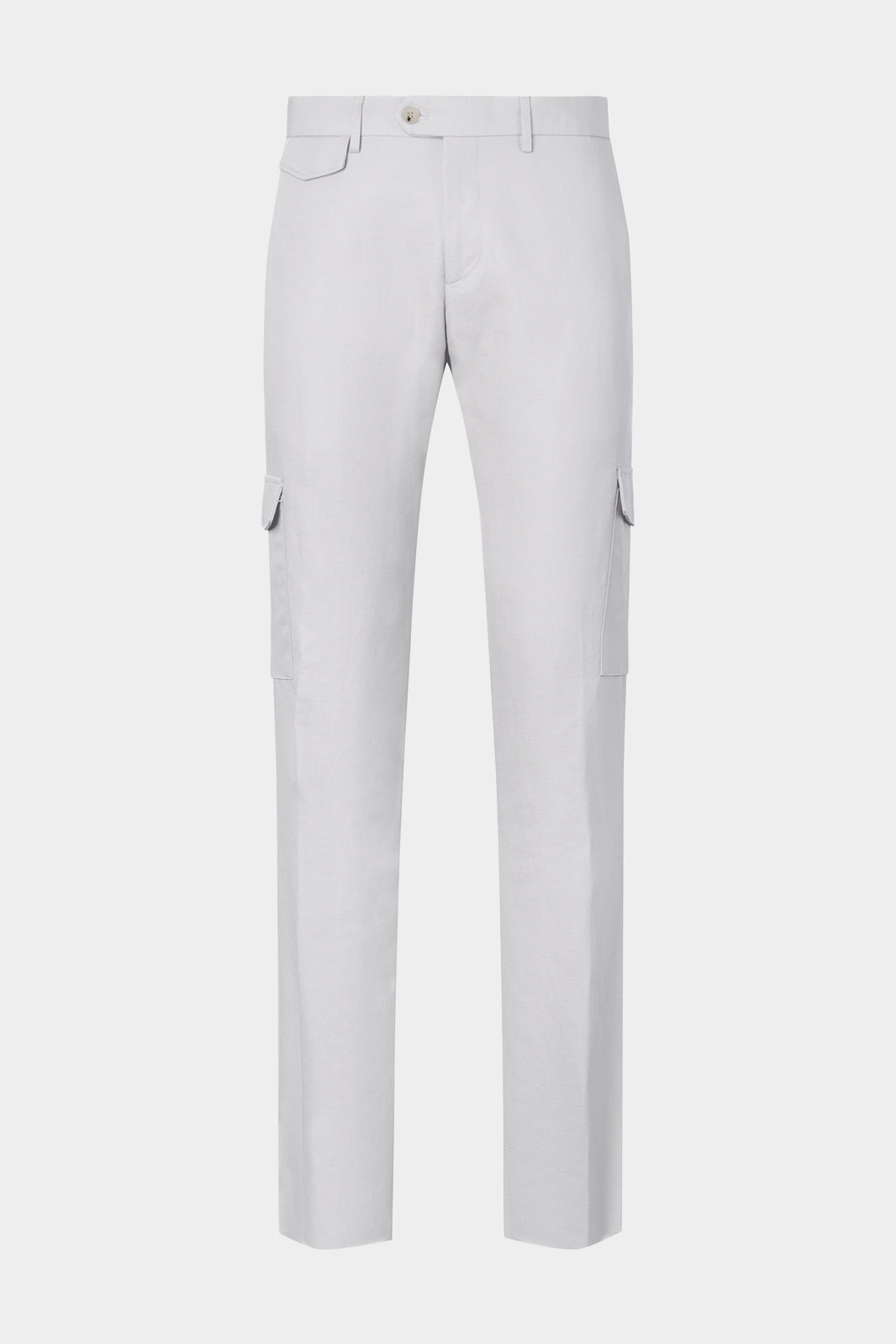 Vue sur fond blanc d'un pantalon cargo couleur Blanc. Tissu en 75% coton 25% lin de chez LeoMaster.