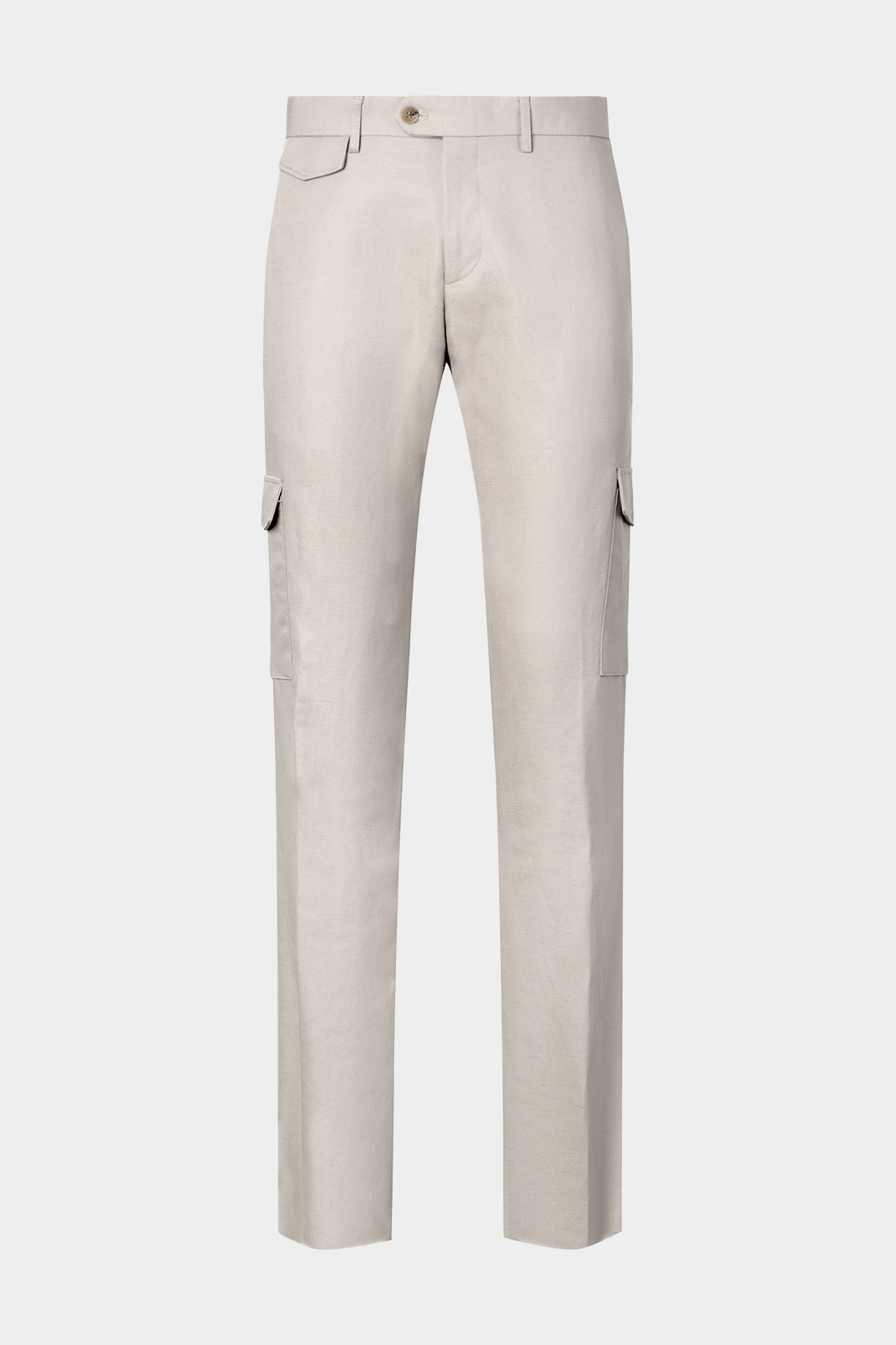 Vue sur fond blanc d'un pantalon cargo couleur Gris clair. Tissu en 75% coton 25% lin de chez LeoMaster.
