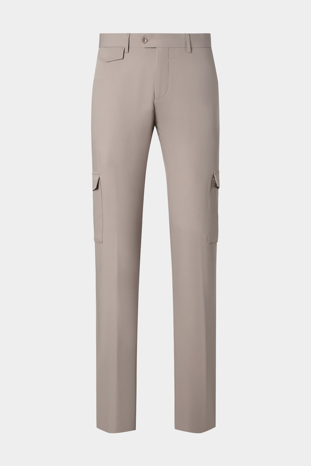 Vue sur fond blanc d'un pantalon cargo Bon couleur taupe. En 83% Polyamide et 17% élasthanne sur un tissu de chez Olmetex.