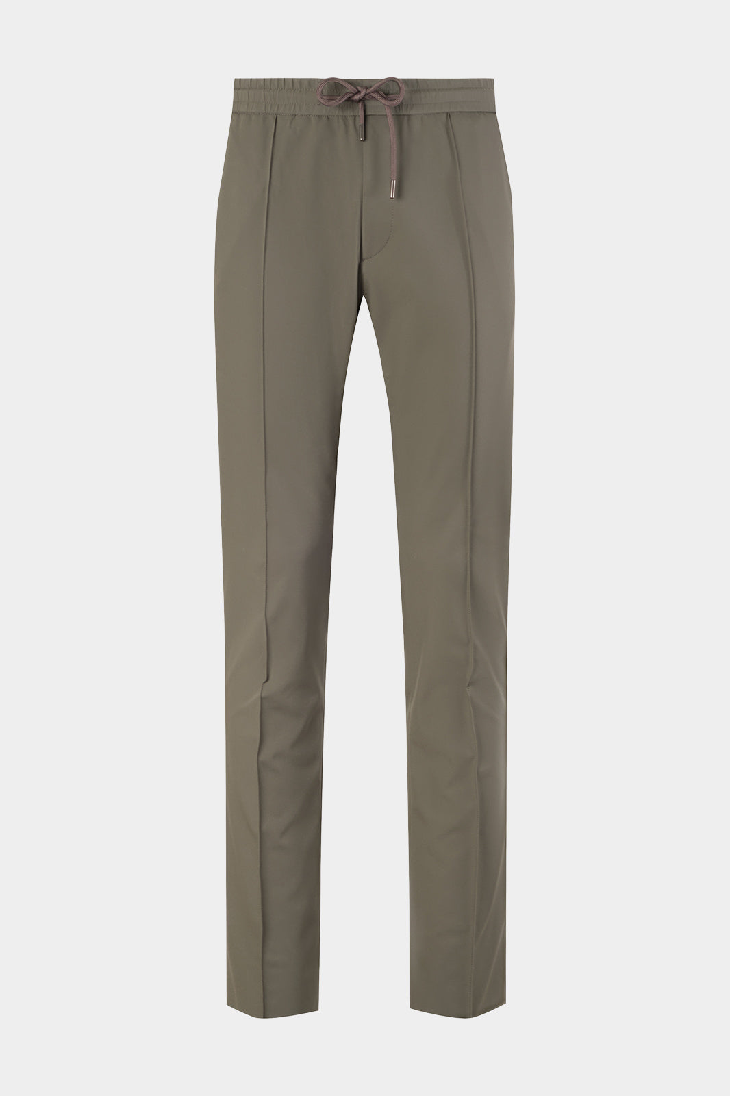 Vue sur fond blanc d'un pantalon jogpant technique kaki sur une taille élastique.