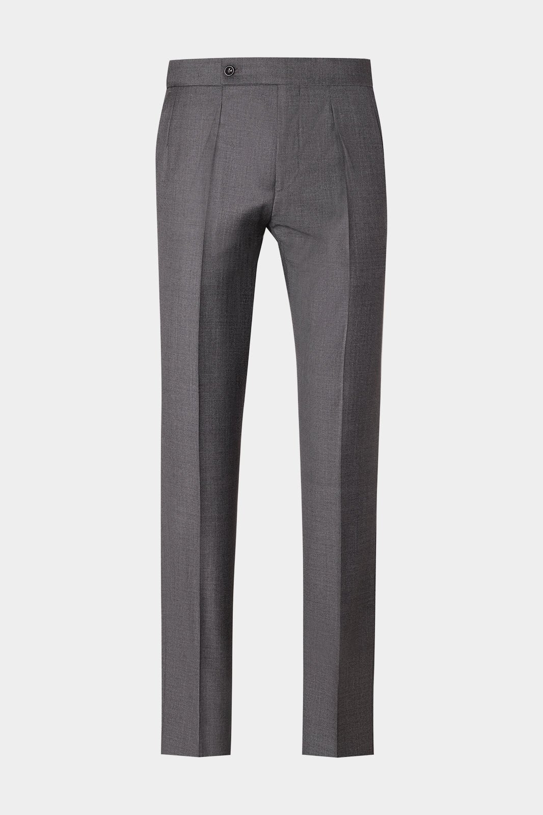 Vue sur fond blanc pantalon à patte de serrage en gris fil à fil taille haute 1 pli sur le devant.