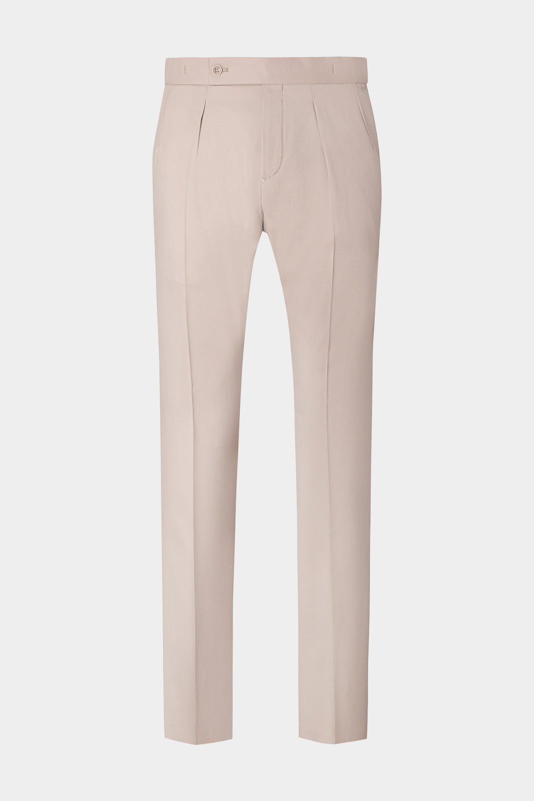 Vue sur fond blanc pantalon à patte de serrage en beige taille haute 1 pli sur le devant.