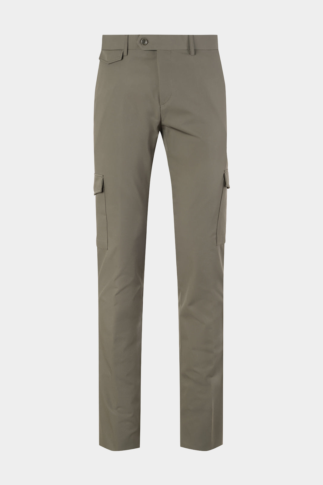 Vue sur fond blanc d'un pantalon cargo Bon kaki avec deux poches sur le coté avec tissu de chez Olmetex.