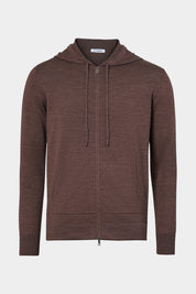 Vue sur fond blanc d'un gilet zippé à capuche en laine en marron