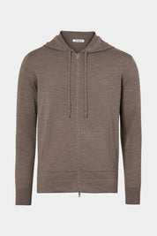 Vue sur fond blanc d'un gilet zippé à capuche en laine en taupe