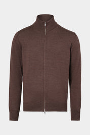 Vue sur fond blanc d'un cardigan zippé en laine vierge marron