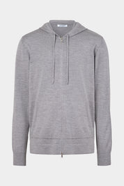 Vue sur fond blanc d'un gilet zippé à capuche en laine en gris moyen