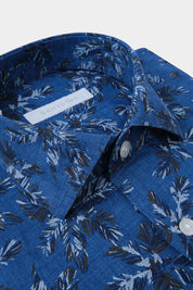 Chemise en lin col français - Marine à motifs
