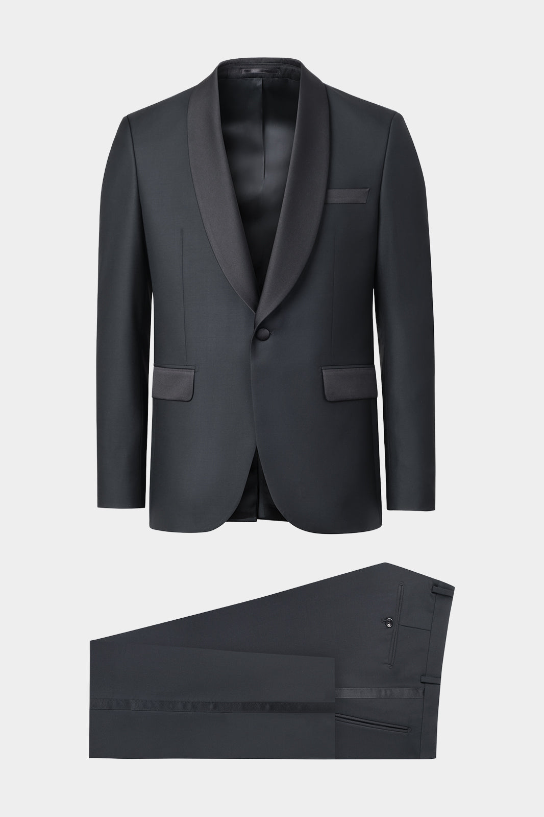 Vue sur fond blanc d'un smoking col châle en laine d'Italie de chez Vitale Barberis Canonico de couleur noir pour hommes.