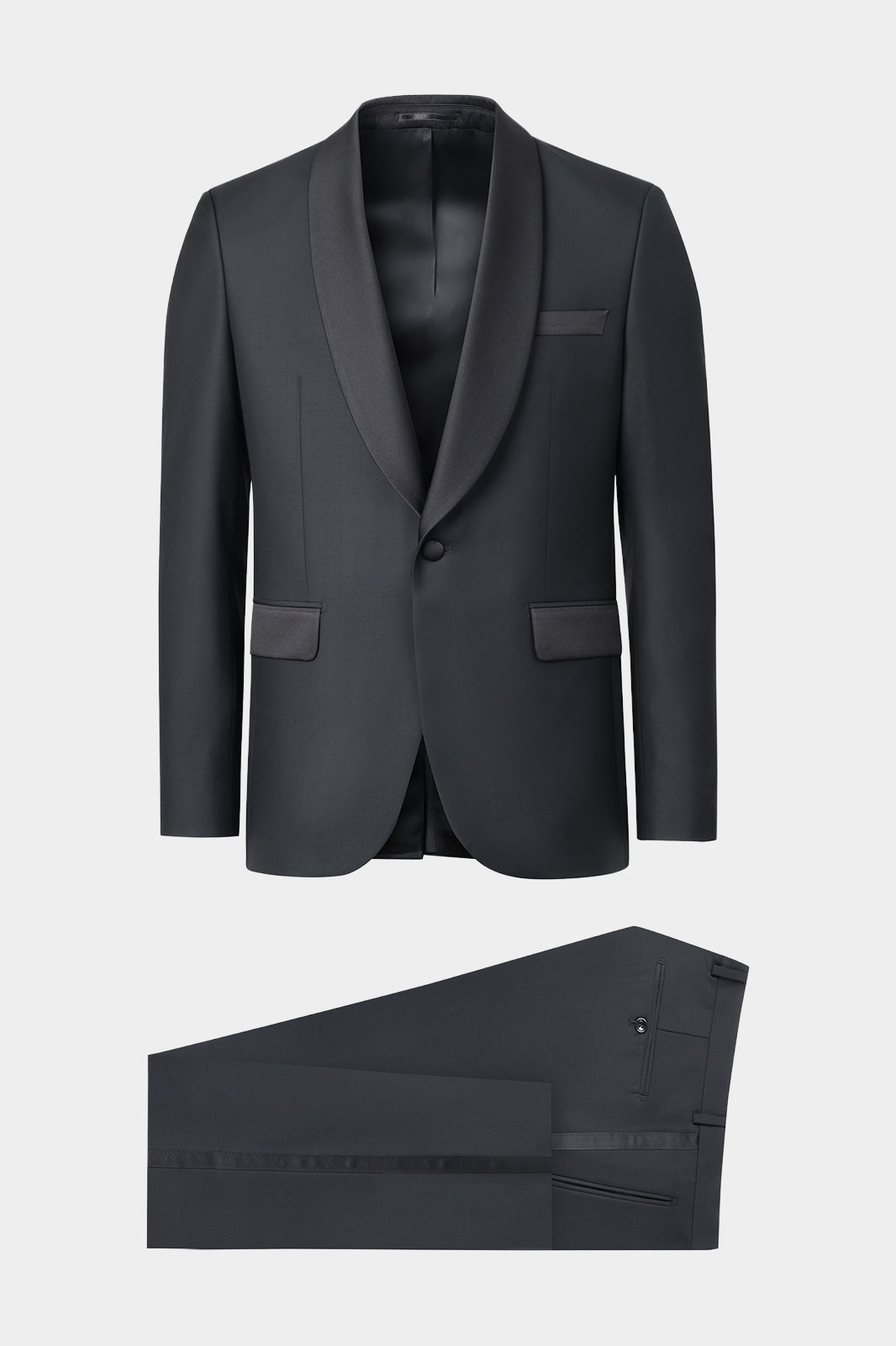 Vue sur fond blanc d'un smoking col châle en laine d'Italie de chez Vitale Barberis Canonico de couleur noir pour hommes.