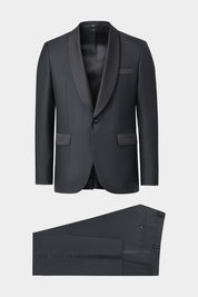 Vue sur fond blanc d'un smoking col châle en laine d'Italie de chez Vitale Barberis Canonico de couleur noir pour hommes.