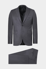 Vue sur fond blanc d'un costume revers large à rayures en gris anthracite en laine de chez Reda