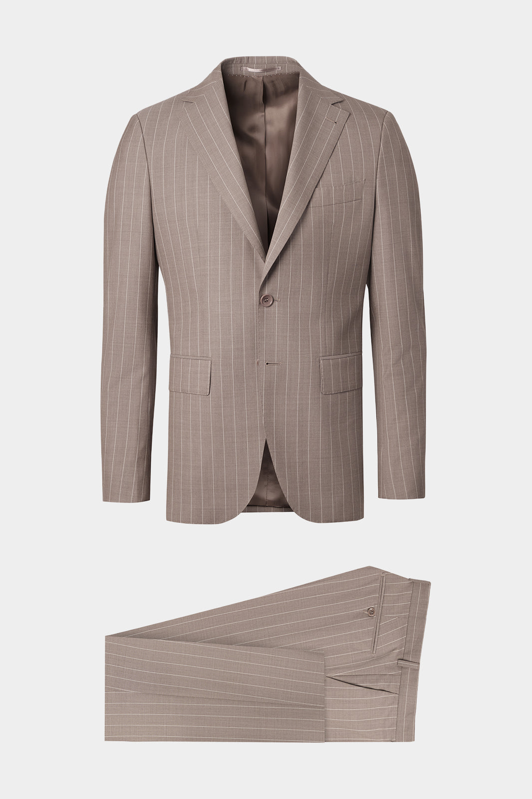 Vue sur fond blanc d'un costume en laine gris à rayures blanches.