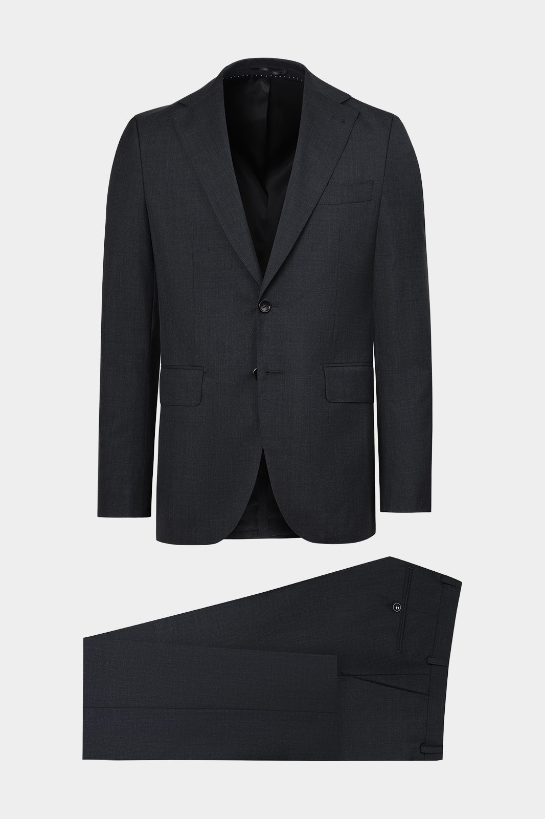 Vue sur fond blanc d'un costume en 100% laine de couleur gris anthracite de chez Vitale Barberis Canonico.