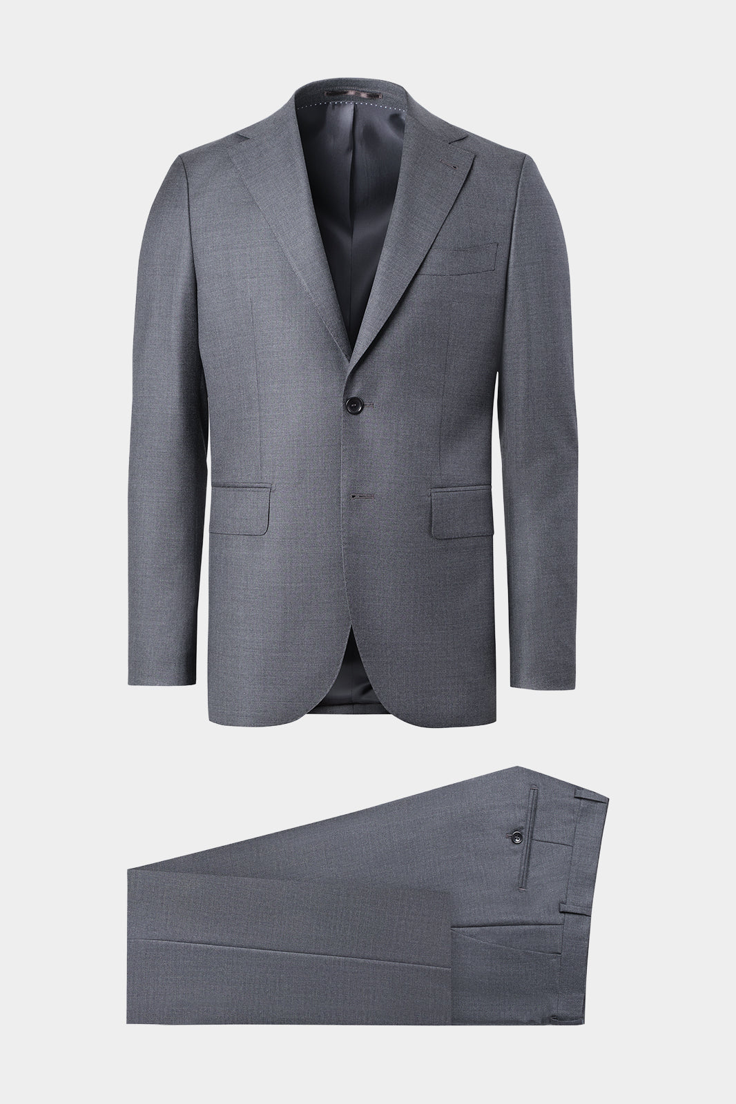 Vue sur fond blanc d'un costume revers large en laine en gris