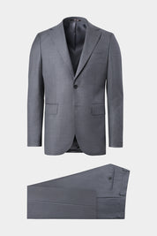 Vue sur fond blanc d'un costume revers large en laine en gris