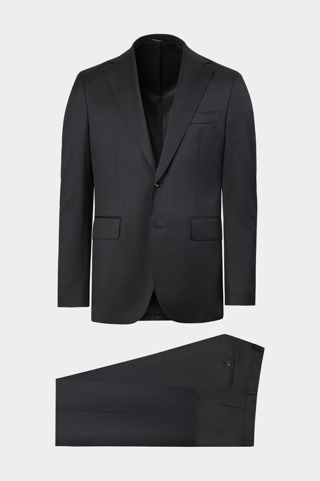 Vue sur fond blanc d'un costume en laine revers large gris anthracite 